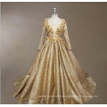 Navy 3D Gold Flowers Long Sleeve Long Sequins Evening Dresses for Wedding